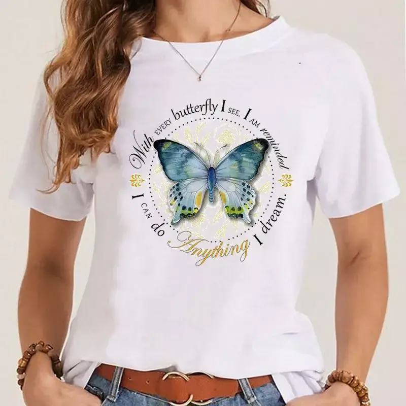 T-shirt graphique à manches courtes pour femmes, vêtements de mode pour femmes, haut d'été pour dames, dessin animé, plante, papillon, années 90