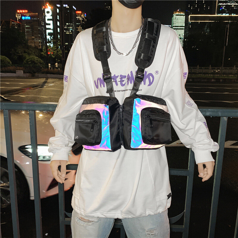 Hip-Hop Streetwear Tactische Vest Borst Tassen Veiligheid Reflecterende Ontwerp 2 Zakken Unisex Borst Rig Tas Multifunctionele Mannen Taille pack