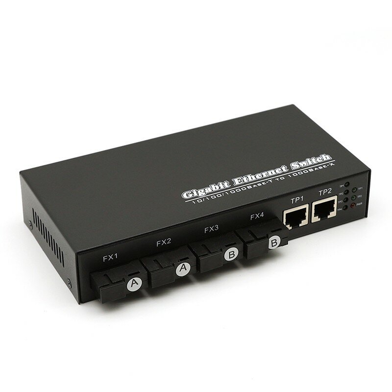 Fiber Media Converter, Fiber Optical Converter, Gigabit Ethernet Switch, SC 4 Port, 2 RJ45, 10 m, 100 m, 1000m, 20km