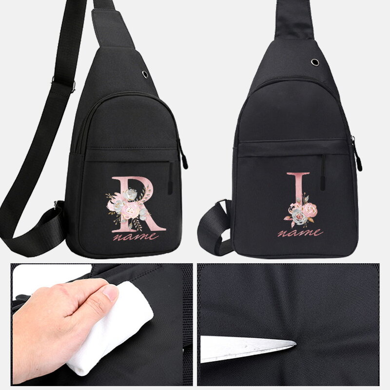 Bolso de pecho multifunción para hombre, bolsa cruzada con nombre personalizado, letras rosas, antirrobo, bolso de hombro de viaje, paquete de pecho con carga USB