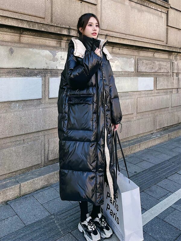 Jaqueta com capuz de pato branco feminino, jaqueta de comprimento médio, encaixe solto, grosso, versão coreana, moda inverno, novo, 90% material