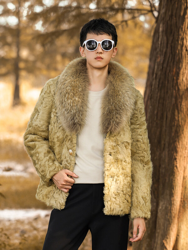 AIFEIGEONLINE męskie wysokiej klasy zimowe nowe ubrania z prawdziwej skóry jagnięcej płaszcz w stylu Shearling na co dzień duża kołnierz z futra szopa kurtka męska