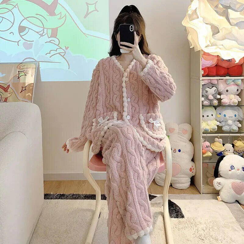 Winter Women Thickened Flannel Pajamas Female Sweet Cute Large Size Warm Coral Fleece Homewear Suit Casual Loose Sleepwear 2024