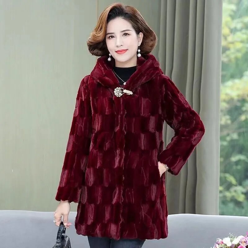 New Mother's Winter Wear High-grade Imitation Mink Fur Coat Middle-aged And Old Women's Hooded Thickened Mink Overcoat 5XL