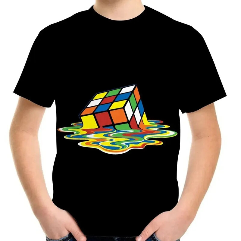 Camiseta con estampado 3d de cubo rompecabezas para niños y niñas, ropa de calle con patrón de cubo de Rubik, Tops de verano