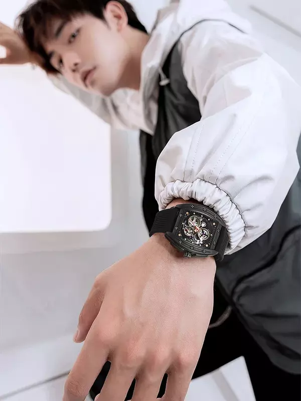 Famoso reloj automático de Tourbillon para hombre, reloj mecánico con correa de goma, resistente al agua, marca superior de lujo