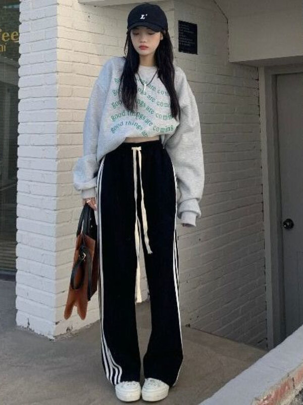 Повседневные женские спортивные брюки HOUZHOU в Корейском стиле, мешковатая уличная одежда, спортивные брюки, женские брюки в полоску, японская мода, подходящие ко всему