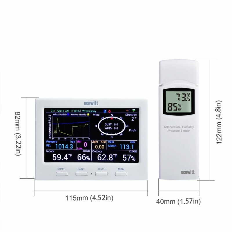 Ecowitt HP3500 stasiun cuaca Wi-Fi, dengan Sensor cuaca bertenaga surya 7-in-1, Thermo-hygrometer dan layar warna TFT 4.3"