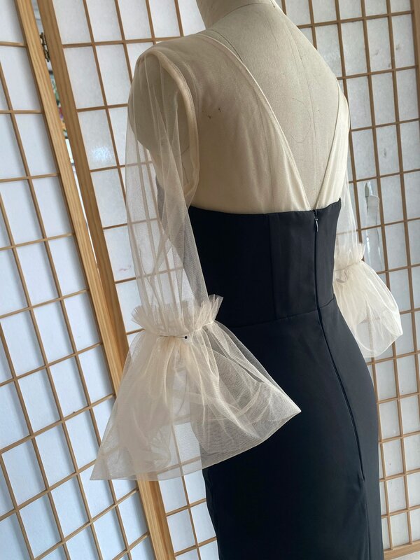 2023 new slim black Hepburn style mesh bubble sleeve fishtail skirt temperament annual meeting host dress