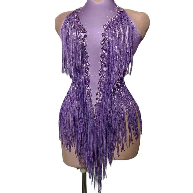 Sexy tassel collant jazz dança traje de uma peça de palco wear sparkly cristais franjas bodysuit dançarino desempenho mostrar roupas