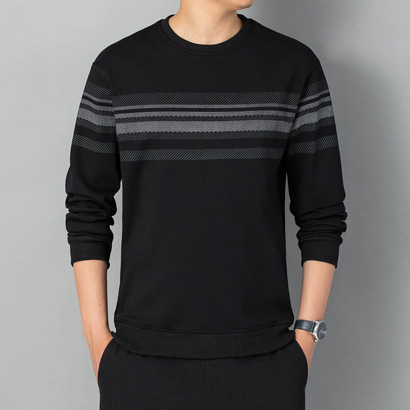 Kaus bertudung lengan panjang untuk pria, kaos bisnis bertudung lengan panjang leher bulat ukuran besar, T-Shirt Pullover warna polos garis-garis modis musim dingin untuk pria 2023
