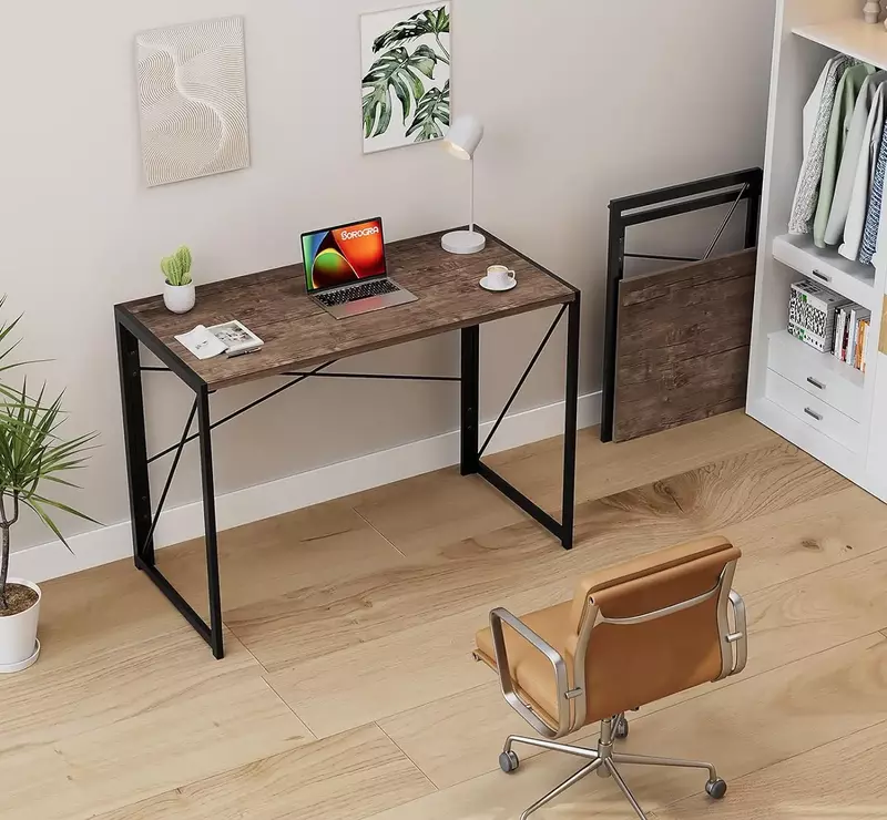 Folding Desk No Assembly Required, 39.4 inch Writing Computer Desk Space Saving Foldable Table Simple Home Office Desk,Brown