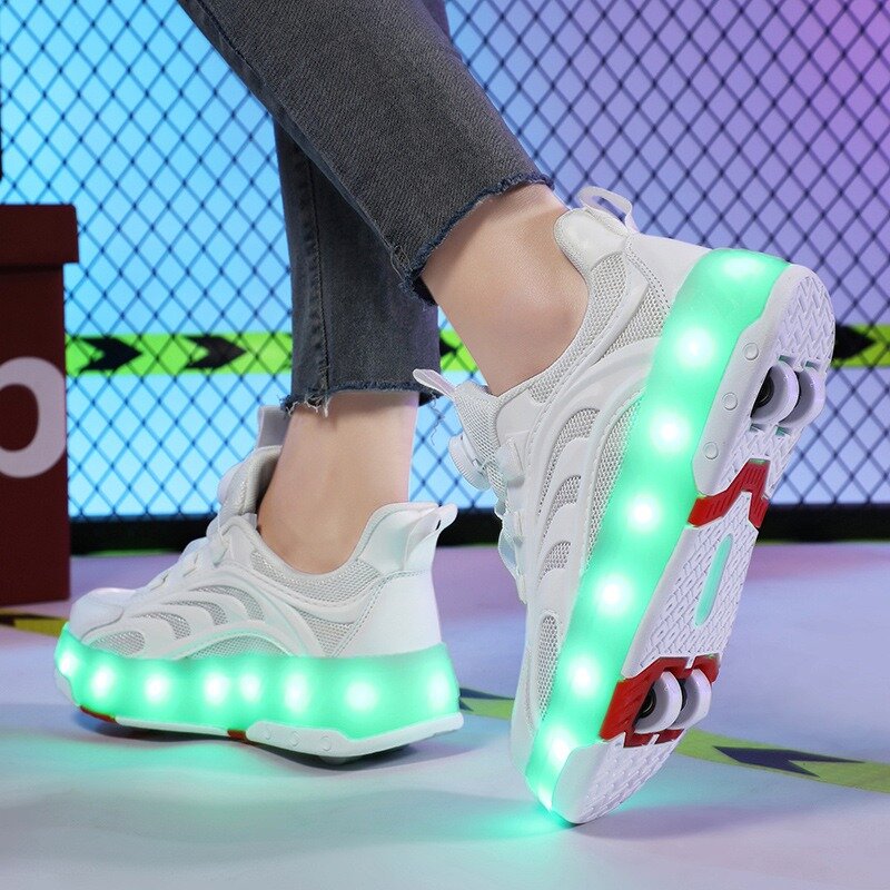 Children's 2024 New Four-wheel High Heels Children's Light-emitting Charging Roller Skates Fashionable Sports Children's Shoes