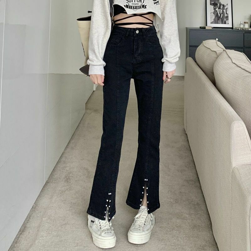 2022 tamanho grande primavera nova costura reta de cintura alta split pearl all-match jeans são finos e modernos