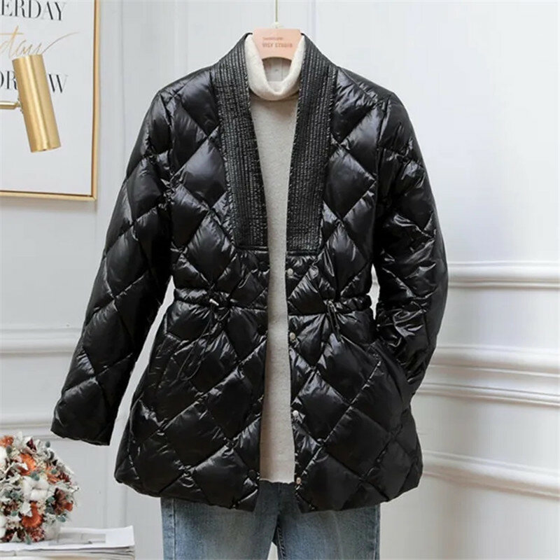 신제품 마름모 경량 다운 재킷 중간 길이 한국 허리 슬림 캐주얼 코트 파카 아웃웨어 여성용, 따뜻한, 겨울