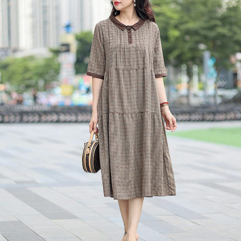 Fashion Lapel Button Spliced Printed Folds Plaid Midi Dress Women's Clothing 2024 Summer New Loose Commuter Casual Dresses