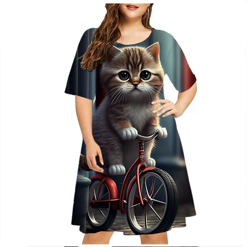 Vestido clássico padrão de gato feminino, roupa de verão, moda, rua hipster, manga curta, solto, plus size, estampa casual
