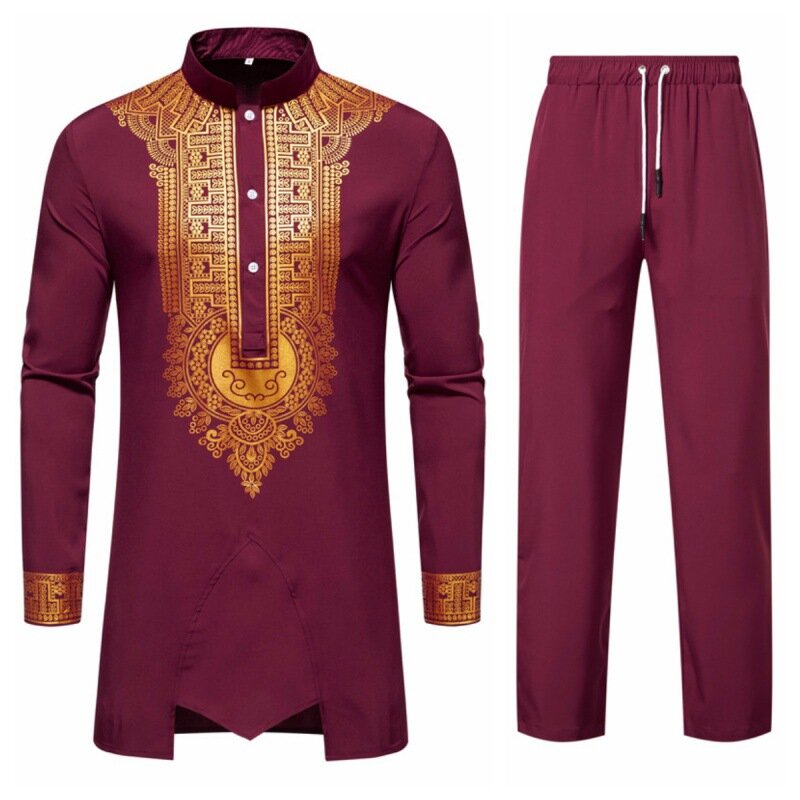 Conjunto de camisa africana manga longa masculina, vestidos casuais, roupas de comprimento médio, blusa e calça de gola em pé, estilo nacional, fenda, 2 peças