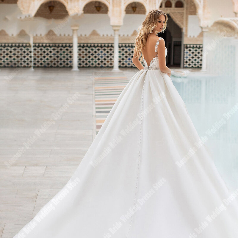 Elegant V-Neck Women Wedding Dresses Flower Shoulder Strap Satin Surface A-Line Gowns Newest Mopping Length Bright Princess Robe