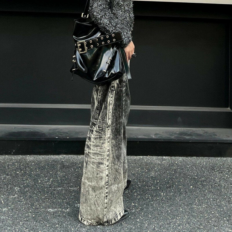 Cyber Y2K-pantalones vaqueros holgados para mujer, teñido anudado Vintage con ropa de calle, color gris, pierna ancha, estilo gótico, Rock, 2024