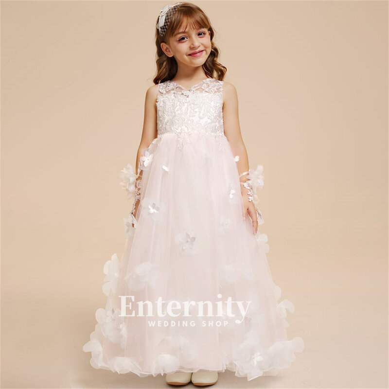 Kwiatowa sukienki dla dziewczynek suknia balowa z dekoltem w szpic dziewczyny eleganckie sukienki księżniczki do podłogi koronki tiulowa suknia ślubna Vestidos Para Niñas
