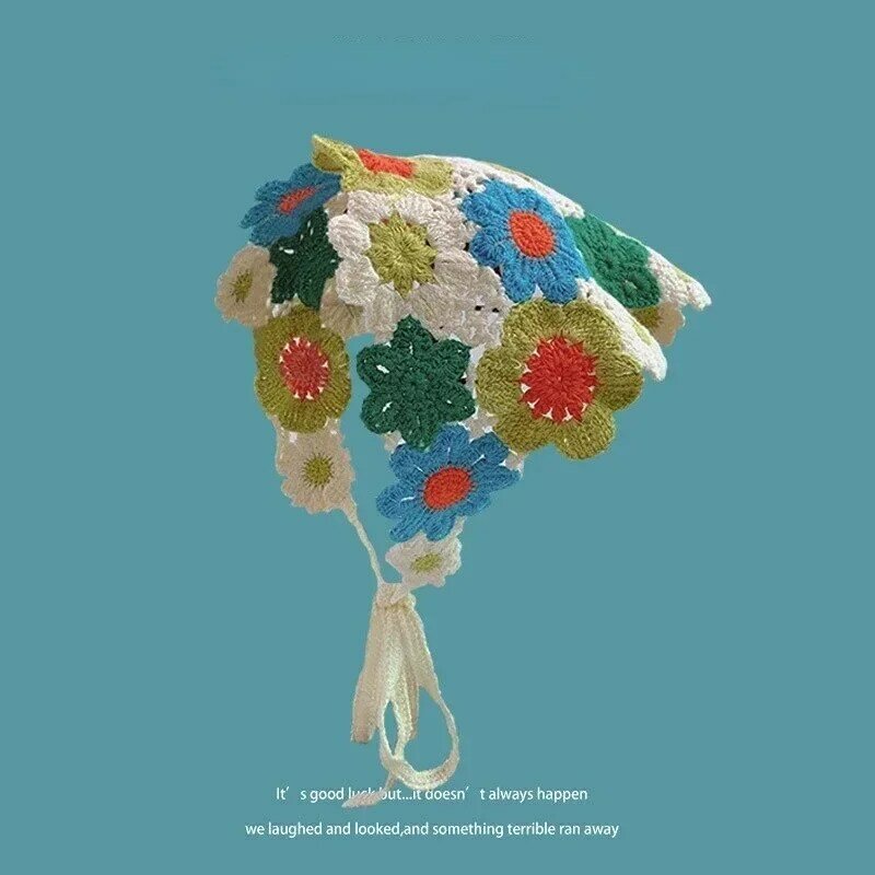 Korean Small Mushroom Strawberry Handmade Crochet Hollow Triangle Headband Towel Sweet Cute Strap Hair Bag Headscarf Hat