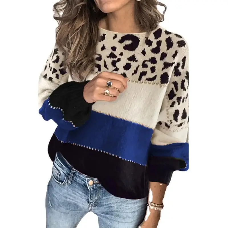 Suéter casual de manga comprida feminino, pulôver solto com base, gola redonda, novo contraste, outono e inverno, 2023