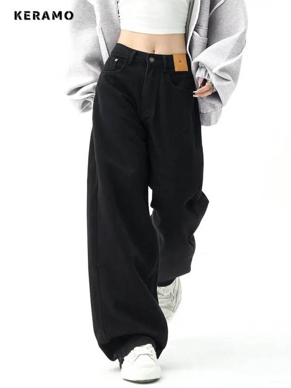 Jeans Lurus Longgar Hitam Wanita Mode Korea Streetwear Celana Denim Kaki Lebar Pinggang Tinggi Celana Jeans Longgar Wanita Y2K