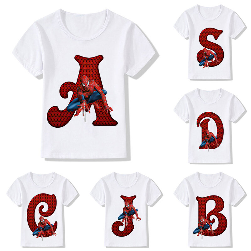 Nouveaux Enfants T-Shirt Fille Garçon Marvels Spiderman Lettre A-Z Kawaii Dessins Animés Vêtements Enfant Tee Shirts Petit Bébé Casual Haut De Mode