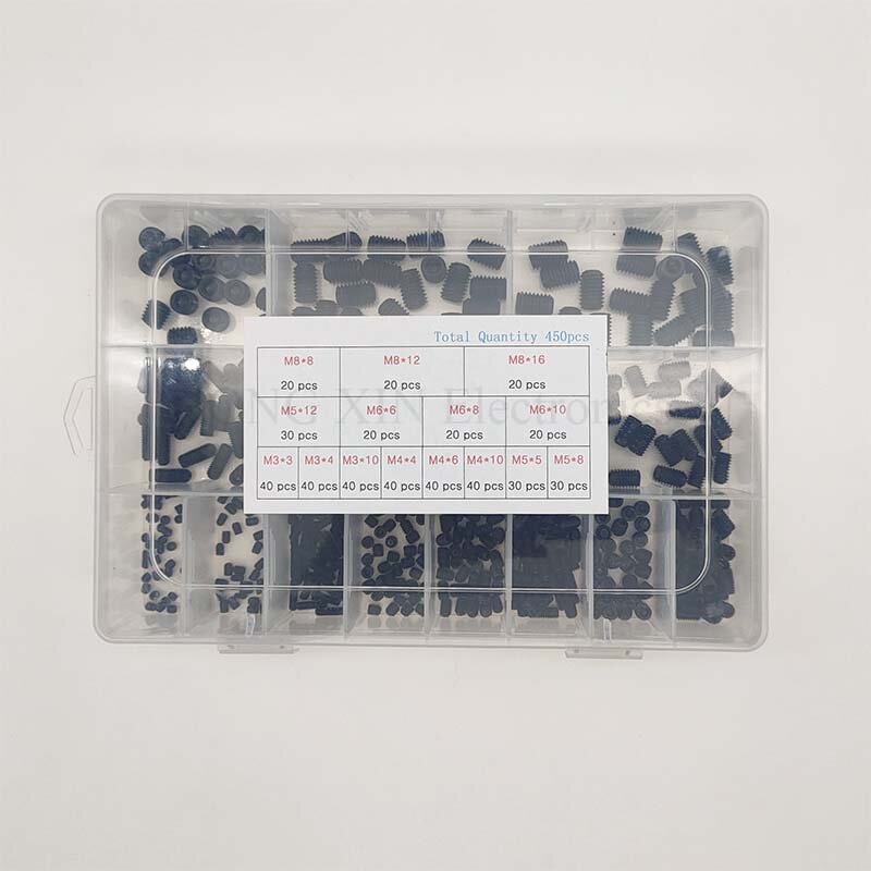 Kit surtido de tornillos de punta de copa de accionamiento hexagonal interno de 450 piezas, 15 tamaños métricos M3/4/5/6/8, juego de tornillos de aleación de acero (negro)