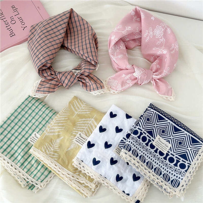 Lenços quadrados de linho de algodão para mulheres, lenço casual no pescoço, bandanas estampadas xadrez, lenço padrão geométrico, 60cm