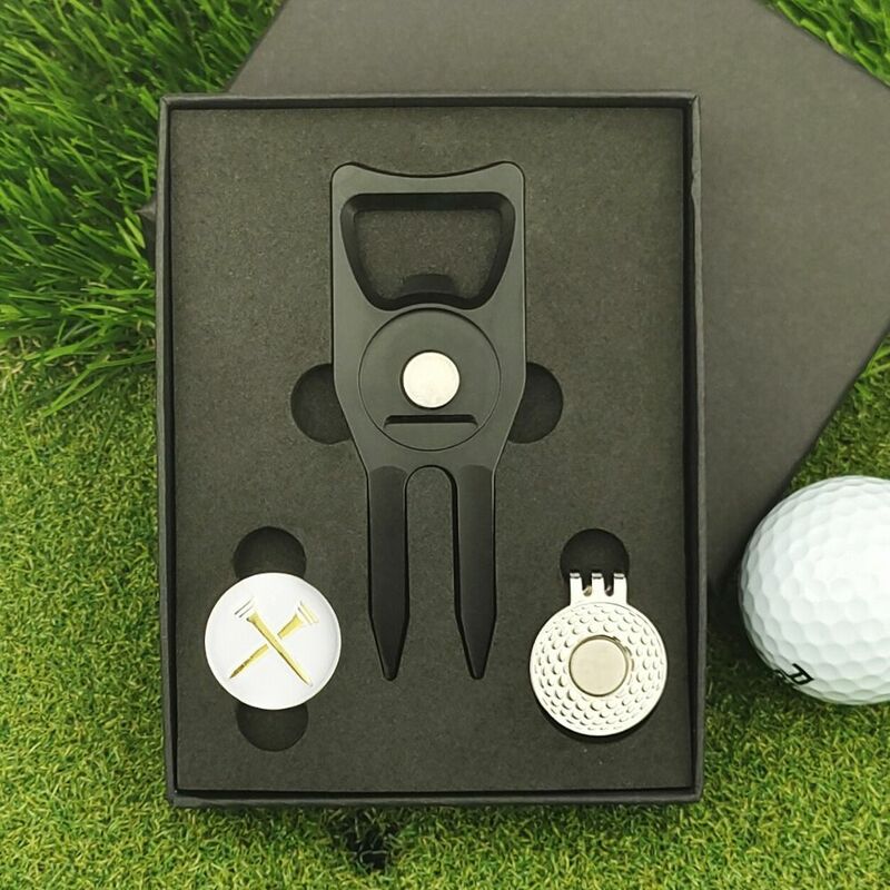 ゴルフボールマーカーハットクリップセット、取り外し可能な金属、緑のフォーク、キャップクリップマーカー
