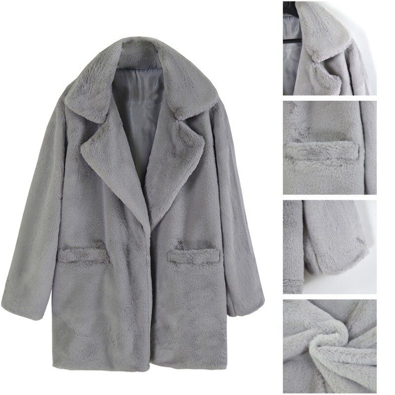 Mantel bulu palsu wanita, jaket Luaran kasual longgar warna solid versi setengah panjang, mantel wol tebal hangat musim dingin 2023