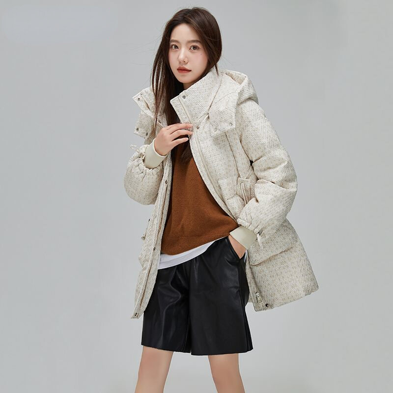 Fashionable Winter White Duck Down Down Jacket for Women's New Korean Version Medium Length Loose Fitting Warm Hooded Jacket2023