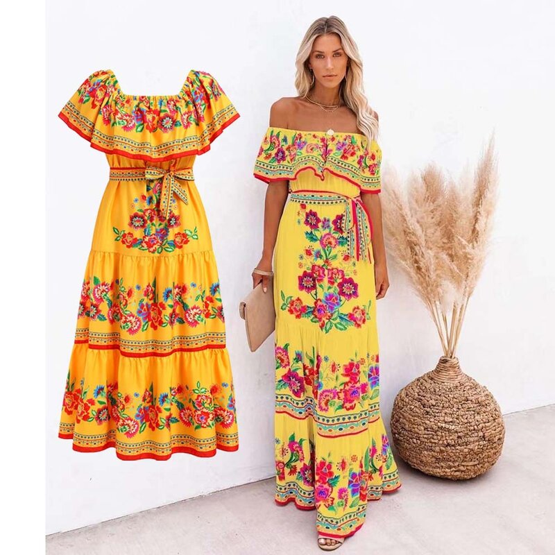 Gaun Meksiko tradisional etnis Meksiko Cinco De Mayo Musim Panas motif bunga bahu terbuka gaun wanita Meksiko