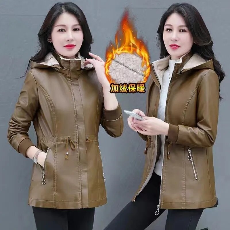 2024 Autumn Winter Jackets Plus Velvet Women's Leather Coat Black Green Hooded Fashion Outwear Zipper Thick Warm Short Jacket