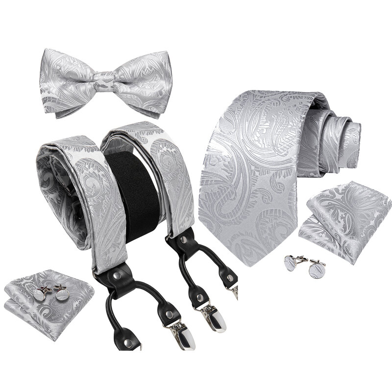 Bretelles élastiques réglables pour hommes, décor de chemise pour homme, 100% soie, cravate, nœud papillon, poche carrée, ensemble de boutons de manchette de 3.5cm de large