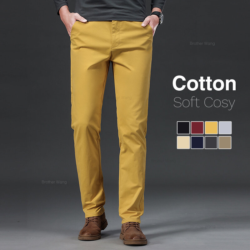 Pantalones informales de algodón para hombre, pantalón de negocios, recto, ajustado, cintura elástica, Color sólido, ropa de marca para las cuatro estaciones, 9 colores