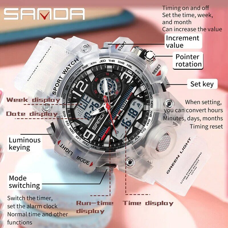 SANDA G 스타일 여성용 LED 디지털 스포츠 시계, 캐주얼 학생용 쿼츠 손목시계, 남녀공용 방수 어린이 손목시계
