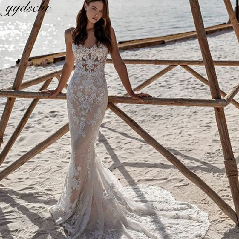 Gaun pernikahan putri duyung tali Spaghetti applique renda cantik gaun pengantin kain Tule kereta lapangan tanpa punggung kancing 2024 untuk wanita