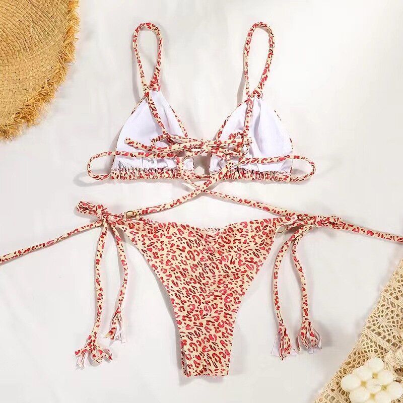 Conjunto de Bikini con estampado de leopardo para mujer, traje de baño Sexy de dos piezas con Tanga, ropa de playa brasileña