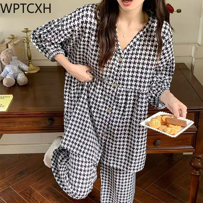 Women's Pajama Vintage Plus Size Pijamas Loose Cardigan Lantern Sleeve V Neck Sleepwear Printed Women Nightwear Spring Home Wear