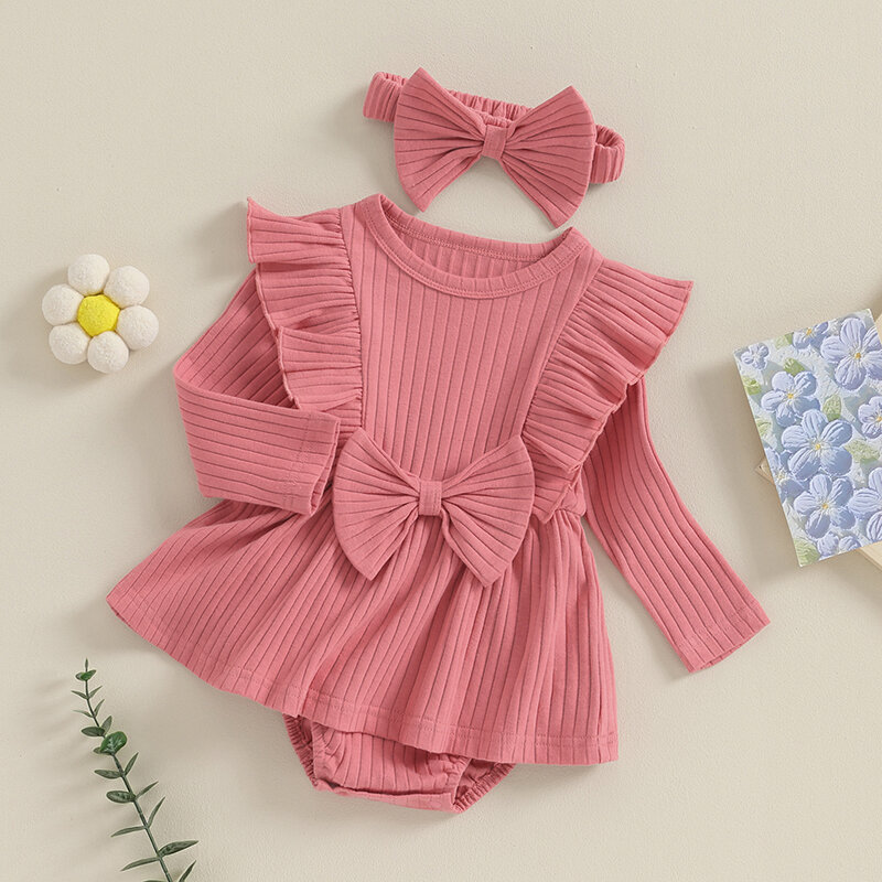 Newborn Baby Girl Ribbed Romper Dress Solid Color Ruffle Long Sleeve Bodysuit Headband Set Cute Fall Winter Outfit