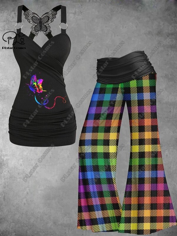 PLstar Cosmos-Colete arco-íris literário e calças de perna larga, impressão 3D feminina, novo, conjunto de 2 peças, 2023