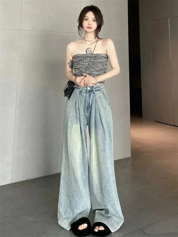 New Vintage Wide Leg Jeans Women's Summer Pear Shaped Body Wear Loose Covering Fleece and Slim Vertical Sweeping Big Flare Pants