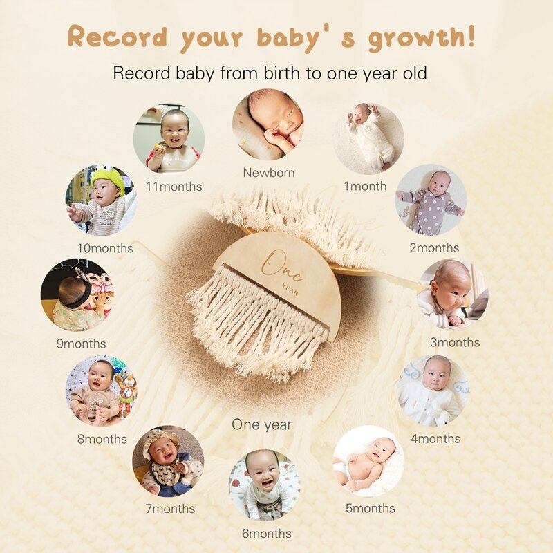 De madeira Mensal Milestone Cartões para o Bebê, Dupla Face Borla, Gravado Idade, Fotografia Acessórios, Presentes Lembrança, 7 Pçs/set
