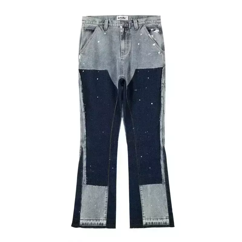 European / American retro trendy spliced jeans street style American bootcut pants spliced ink splash jeans for male couples