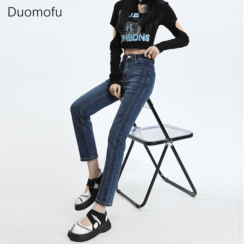 Duomofu Джинсы женские узкие с завышенной талией, Повседневные базовые модные простые классические прямые джинсы на молнии, на пуговицах, в Корейском стиле, осень