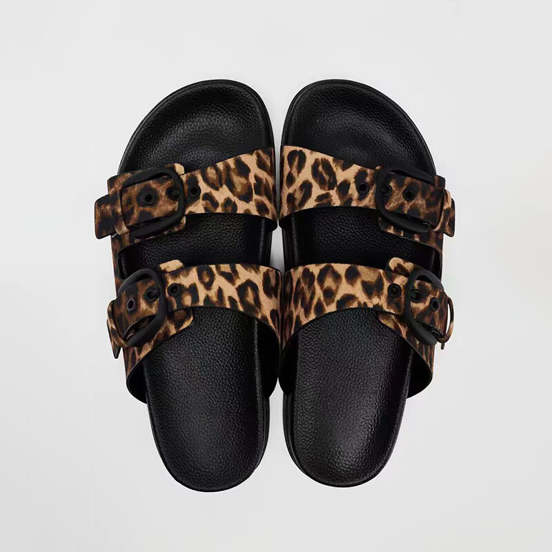 TRAF Leopard Print Buckle Upper Flatform Slippers Women Round Head Open Toe Thick Sole Sandals Fashion Oudoor Slipper For Woman