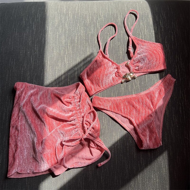 Costume da bagno Bikini da donna rosa 3 pezzi Top + intimo + Mini abito corto da ballo Summer Party Beach Holiday gonna Hot Girl Streetwear